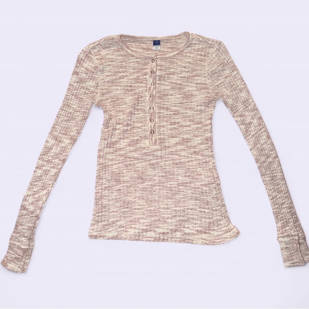 Old Navy Ribbed Henley Tee — Blush Beige, Size Small